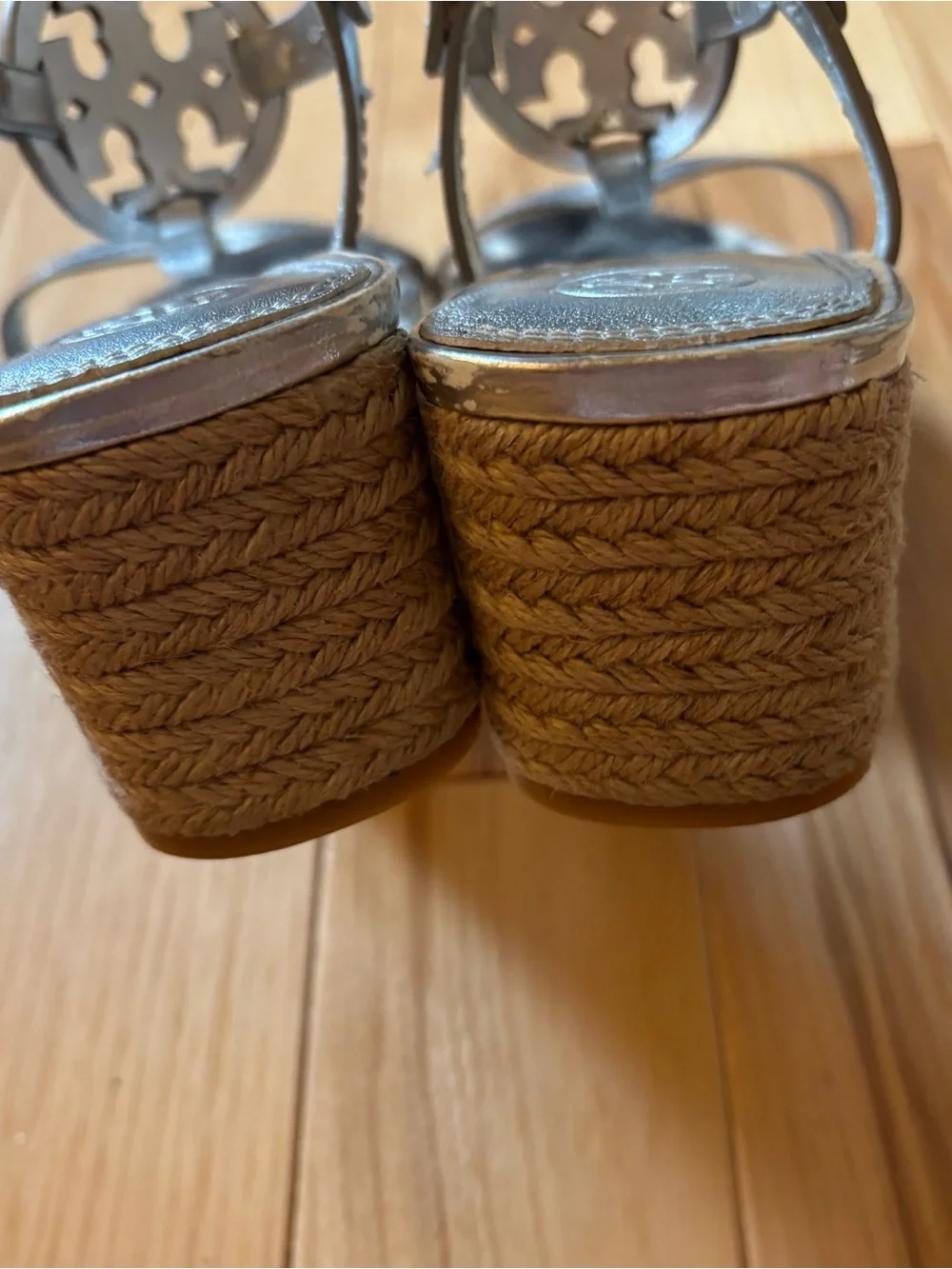 Tory Burch Miller Metallic Silver T-Strap Block Heel Sandals